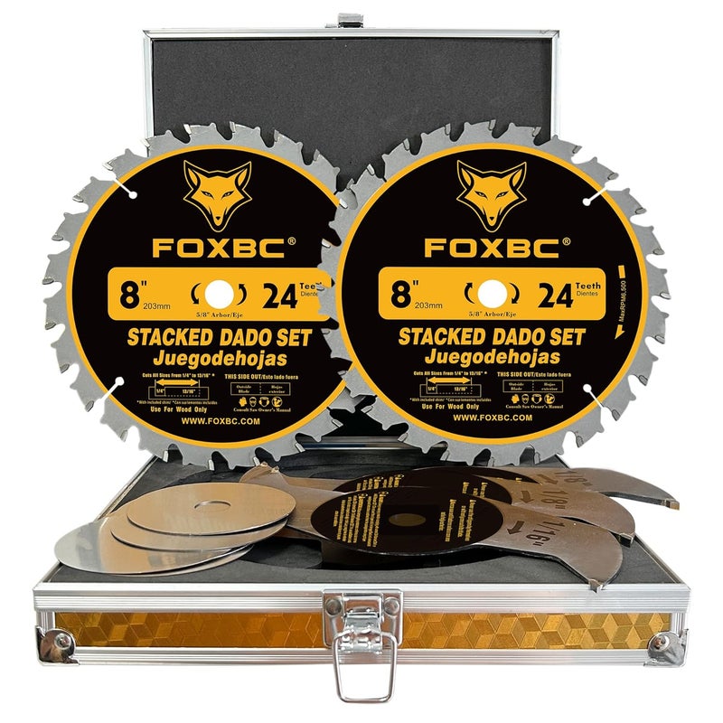 FOXBC 8" Carbide Stacking Dado Blade Set for SawStop, Jet, Dewalt, Bosch Saw - 14 Pieces - Image 1